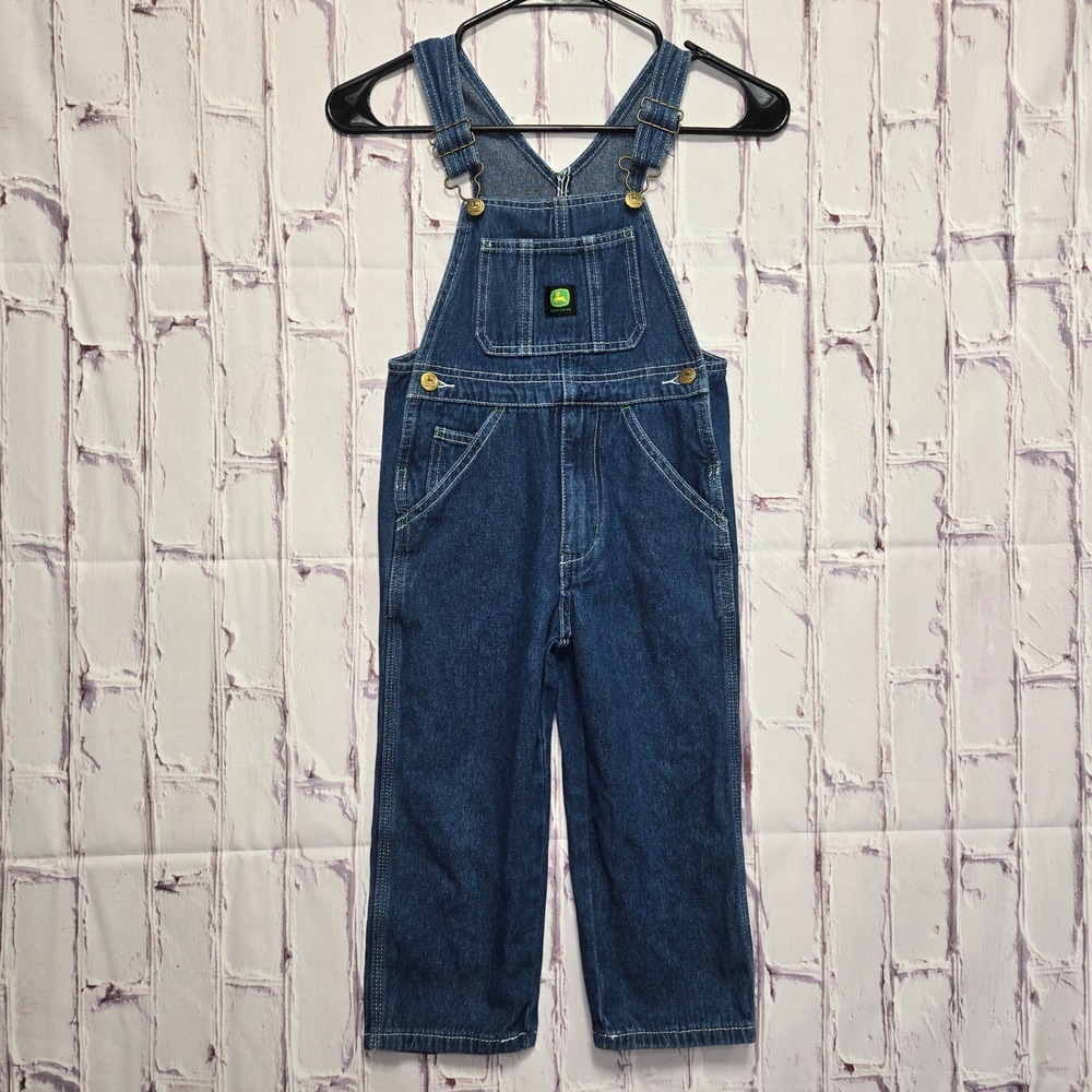 John Deere Overalls Blue Denim Logo Patch Workwear Farm Kids Size 5 Adjustable